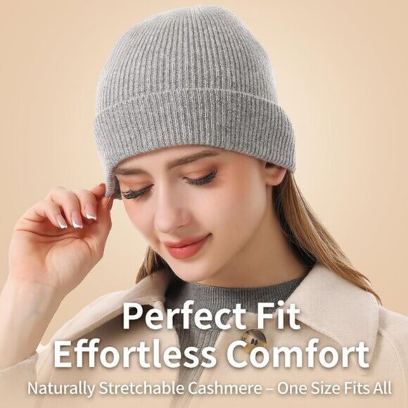 ⚡Women Grey 100% Pure Mongolian Cashmere Knit Hat Ultra Soft Winter Beanie - Picture 3 of 8